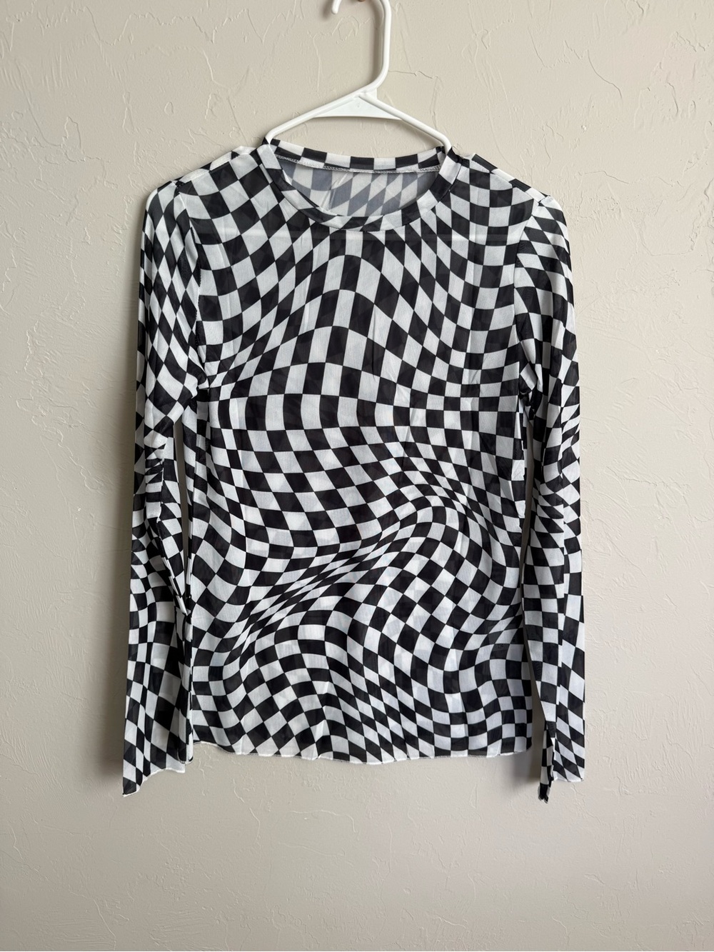 NWOT women’s sheer Checker print long sleeve top